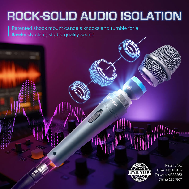 CAROL E dur-916S Silver XLR Wired Vocal Microphone for Singing – Dynamic Supercardioid Mic with Dual Shock Mount System for Karaoke & Public Speaking, Includes Mic Clip, 14.8ft XLR Cable & Switch