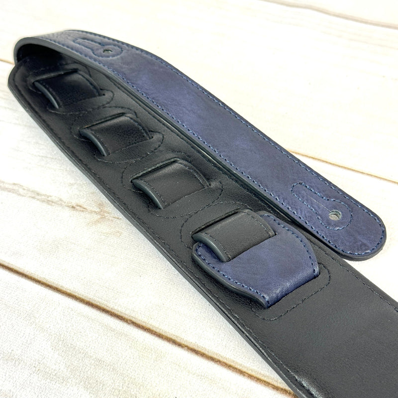 Walker & Williams G-52 Navy Blue Handmade Soft Natural Finish Guitar Strap with Padded Glove Leather Back, And Squared Nose For Acoustic, Electric, And Bass Guitars