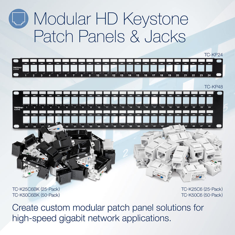 TRENDnet 48-Port Blank Keystone 2U HD Patch Panel, TC-KP48, 2U 19” Metal Rackmount Housing, HD Keystone Network Patch Panel, Recommended w/TC-K25C6 & TC-K50C6 Cat6 Keystone Jacks (Sold Separately)