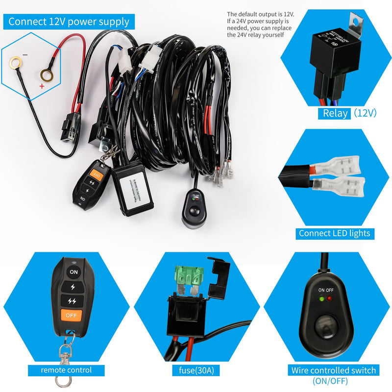 [AUSTRALIA] - LED Lights Bar Wire Harness Kit with Remote Control 2Leads DC12V 40A Fuse Relay 14AWG 3.5M/11.5FT Wiring Harness Kit fit for LED Work Lights Driving Fog Lights bar Max Support 300W 2Leads with Remote Control 