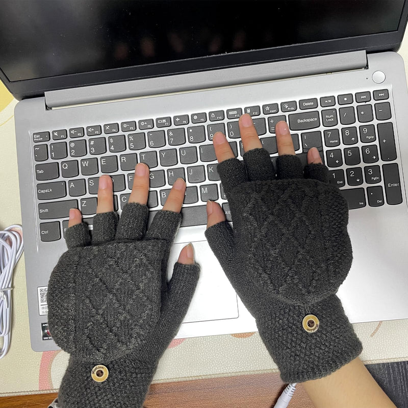 Women's & Men's USB Heated Gloves Mitten Full & Half Fingerless Winter Hands Warmer Laptop Gloves Pure Grey