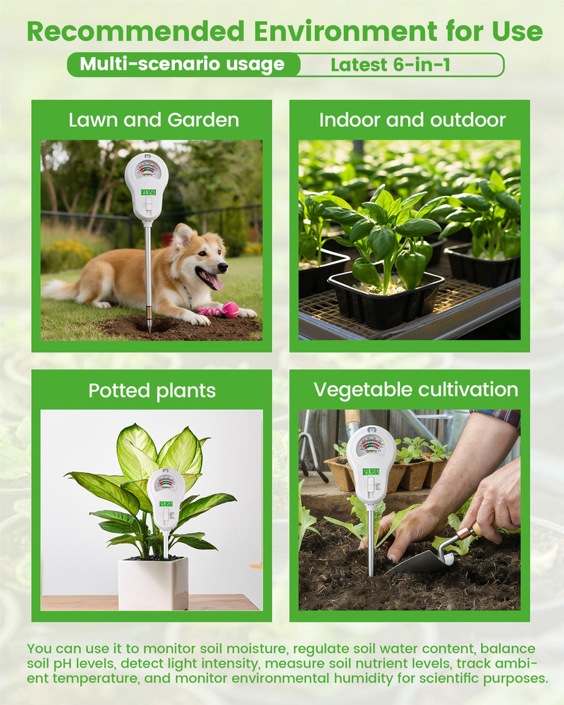 6-in-1 Soil Moisture Meter with 3 Probes, PH/Sunlight/Soil Moisture/Fertility with 3 Removable Probe, Digital Air Temp/Humidity, Soil Tester for Garden, Lawn, Indoor and Outdoor Plants