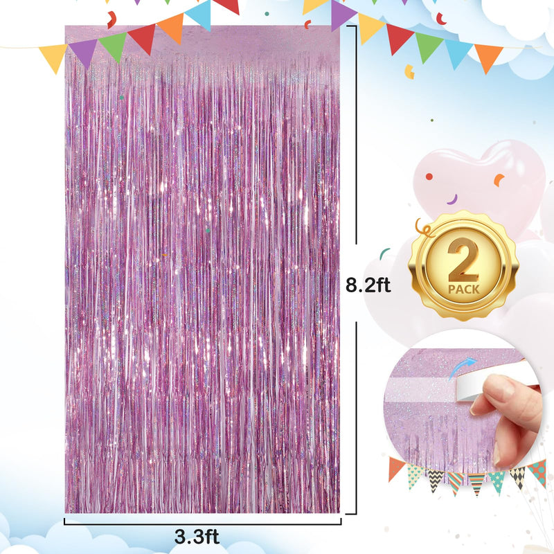 Glitter Pink Party Streamers 2Pack Glitter Foil Fringe Curtain 3.3 x 8.3ft Pink Party Decor Photo Booth Streamers Metallic Tinsel Door Streamer for XmasThanksgiving Engagement Party Decors Streamers Laser Pink Streamer