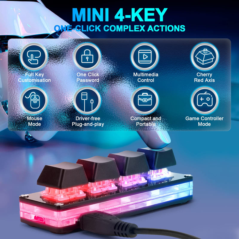 Ecarke Black Mini 4-Key Keypad Mechanical Gaming Keyboard, Set by Yourself Programming with 1.5m USB Data Cable（Upgrade Cherry Shaft & RGB LED）