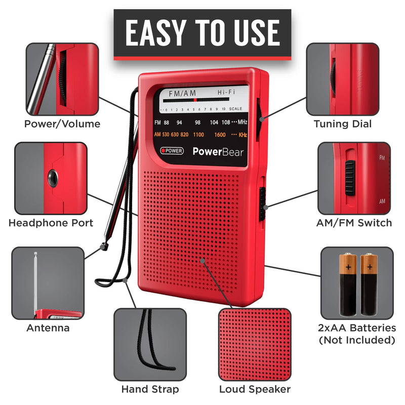 PowerBear Portable Radio | AM/FM, 2AA Battery Operated with Long Range Reception for Indoor, Outdoor & Emergency Use | Radio with Speaker & Headphone Jack (Red) Red
