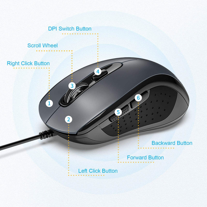 TECKNET Wired Mouse, USB Wired Computer Mouse, 3600DPI 4 Adjustable Levels, 6-Button Ergonomic Mice, Home and Office Mouse for Laptop PC Desktop Notebook - Grey