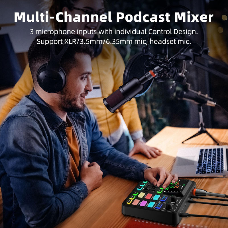 [AUSTRALIA] - PUPGSIS Gaming Audio Mixer, Audio Interface for PC/Podcast/Streaming, Sound Board with 3.5mm/XLR Mic Input, 48V Phantom Power, Voice Changer, Live Sound Card with DJ Mixer Effects/Bluetooth/4 Channel Black 