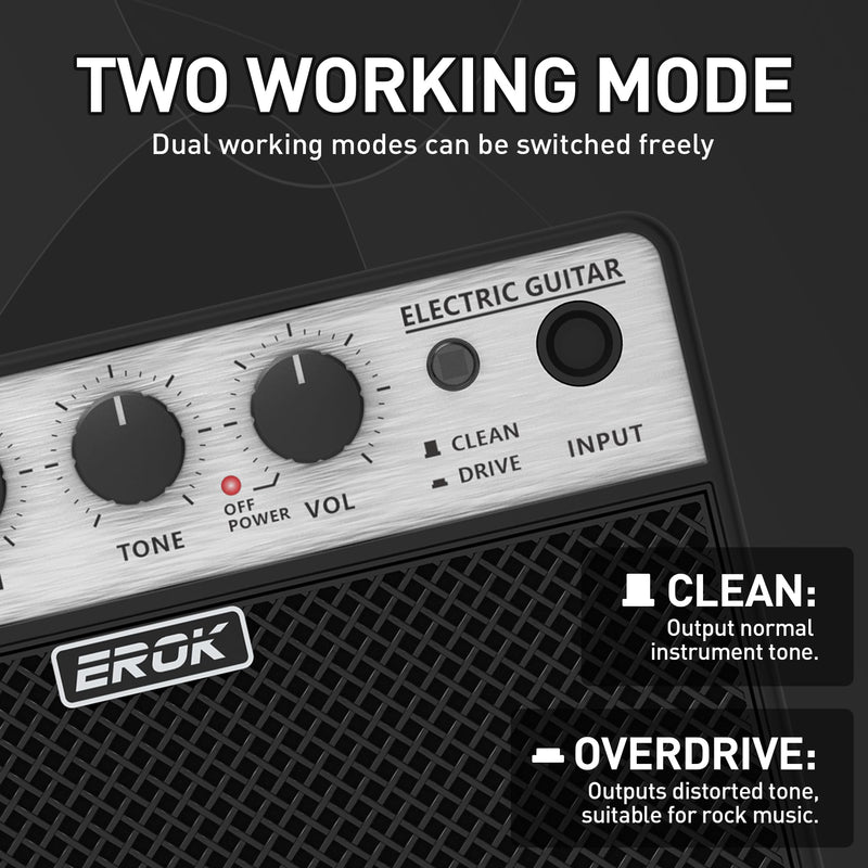 EROK Mini Electric Guitar Amp, Portable Amplifier with Clean/Drive Dual Channels, 3.5mm Headphone/AUX Input, Compact Design for Indoor Practice & Small Gigs