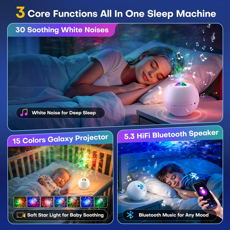 Sound Machine Light Projector, 30 Sleep Sounds for Adult, Bluetooth Speaker | 3-in-1 Baby Sound Machine: 30 sleep sounds (white/brown noise, fans, rain), Bluetooth 5.3 speaker & 15-color light projector.