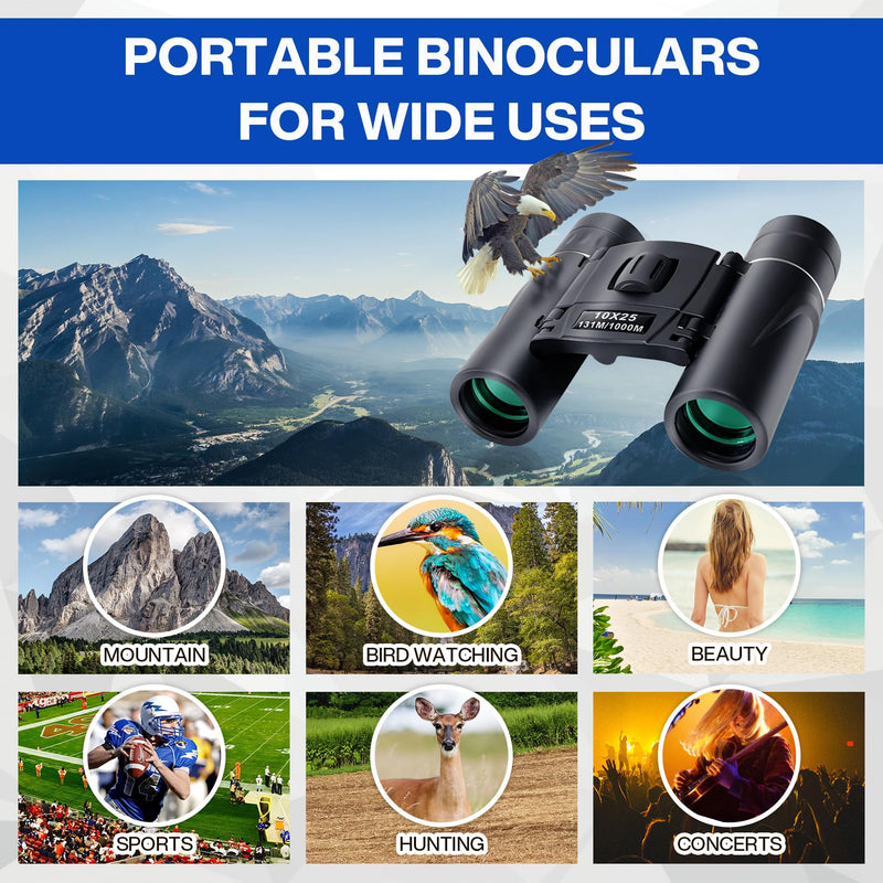 10x25 Compact Binoculars for Adults Kids, Binoculars for Concerts and Bird Watching Cruise Ship Essentials Hunting, Waterproof Binoculars with Low Light Night Vision