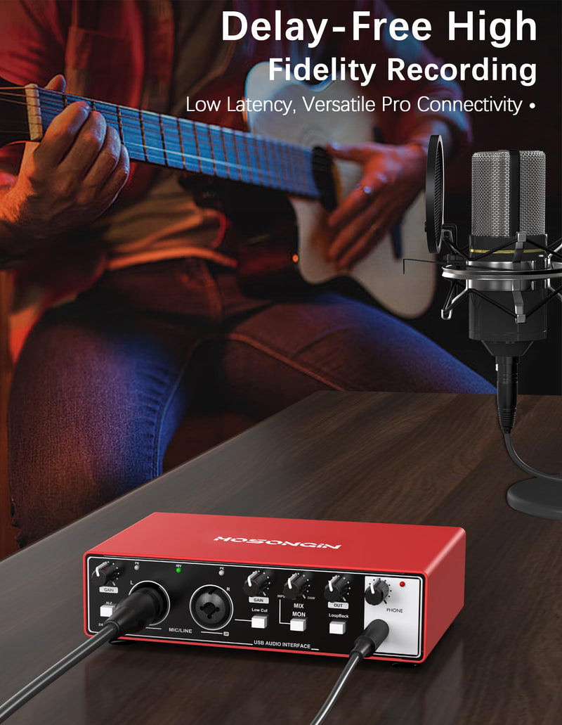 [AUSTRALIA] - HOSONGIN 2i2 USB Audio Interface for Beginners - 24Bit/192kHz, 48V Phantom Power, Plug & Play Recording for Podcast/Vocals/Guitar/Youtube, PC/Mac/iOS Compatible (Red Metal) H-A002 