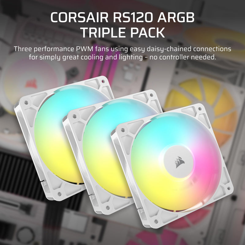 CORSAIR RS120 ARGB 120mm PWM Fans – Daisy-Chain Connection – Low-Noise – Magnetic Dome Bearing – Triple Pack – White 3 x 120mm