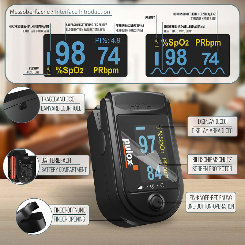 [AUSTRALIA] - Pulse oximeter PULOX PO-200A with switchable alarm function and pulse tone incl. Accessories *Colour selection possible, black 