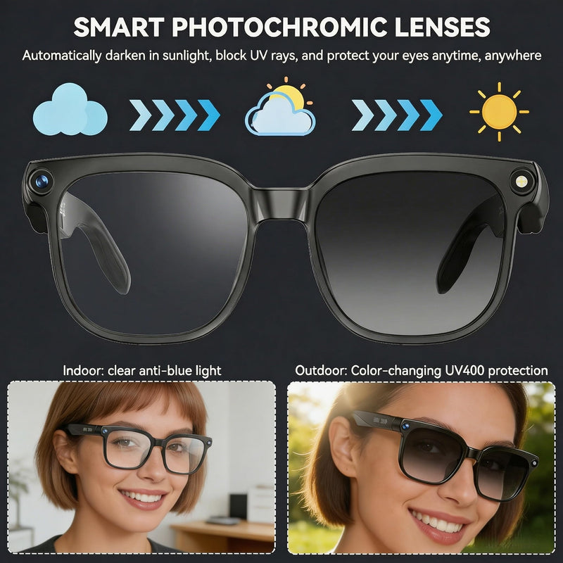 AI Smart Glasses with Camera, 8MP 4K/1080P Video Recording Glasses, Real-Time Translation, AI Voice Assistant & Object Recognition, Open-Ear Audio, Photochromic UV400 Lenses for Travel & Business
