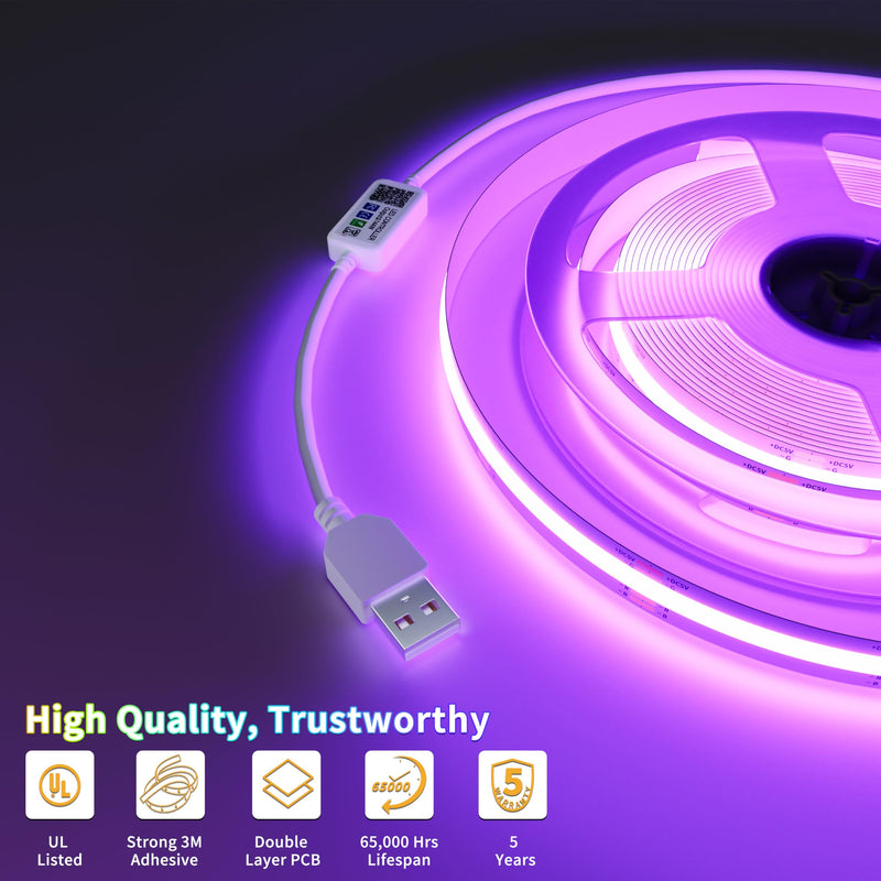 PAUTIX 5V USB COB RGB LED Strip Light 9.84ft/3m Color Changing Light Strips,TV Backlight Multicolor Flexible Under Cabinet Tape Lights with Bluetooth Control for Bedroom,Kitchen,Home DIY Lighting USB5V RGB/9.84ft