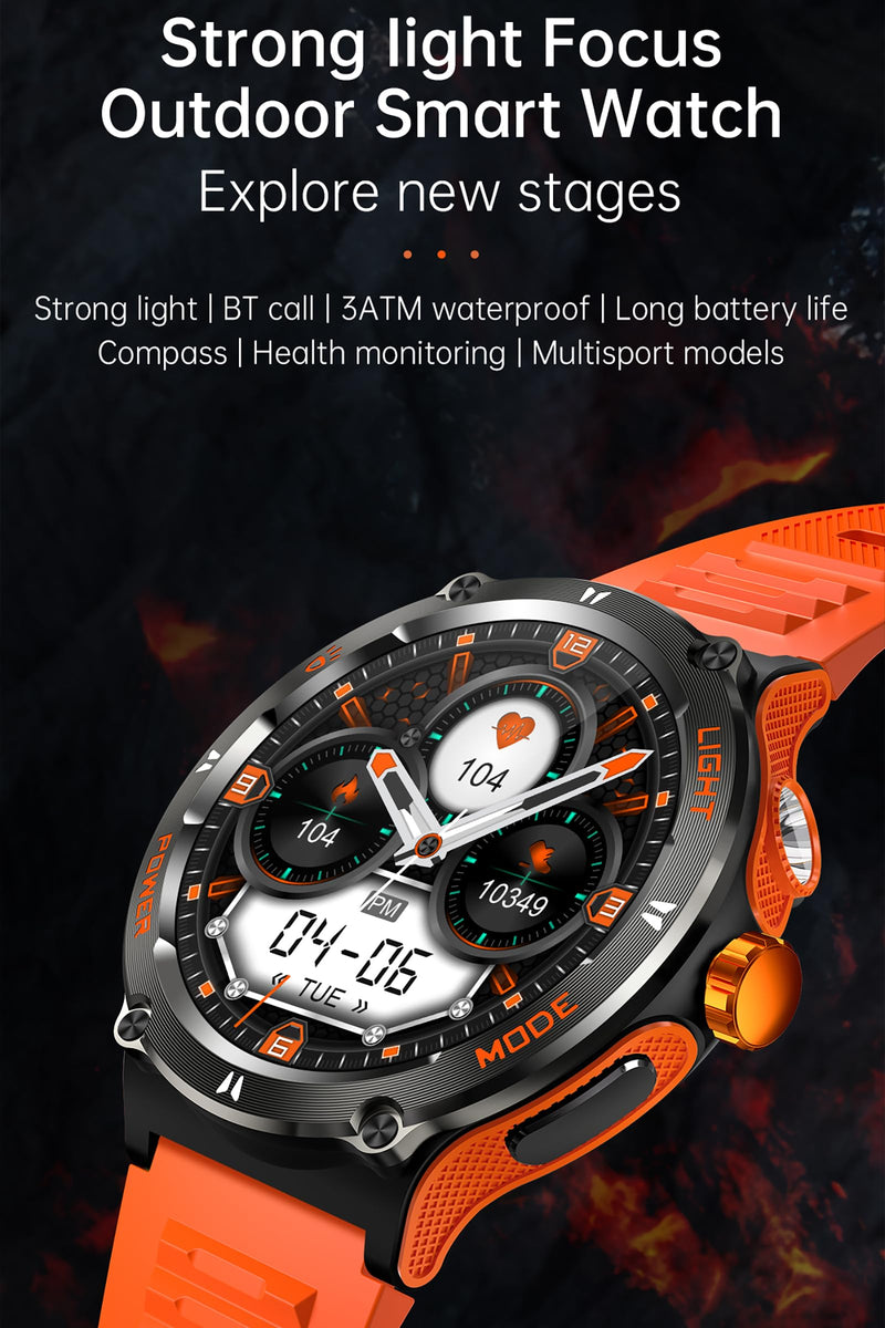 Smart Watch with Compass and Flashlight, Military Activity Tracker for Android iOS（Bluetooth Call Answer/Dial Calls） Rugged Smartwatch AI Voice Assistant/Heart Rate/Blood Pressure Orange
