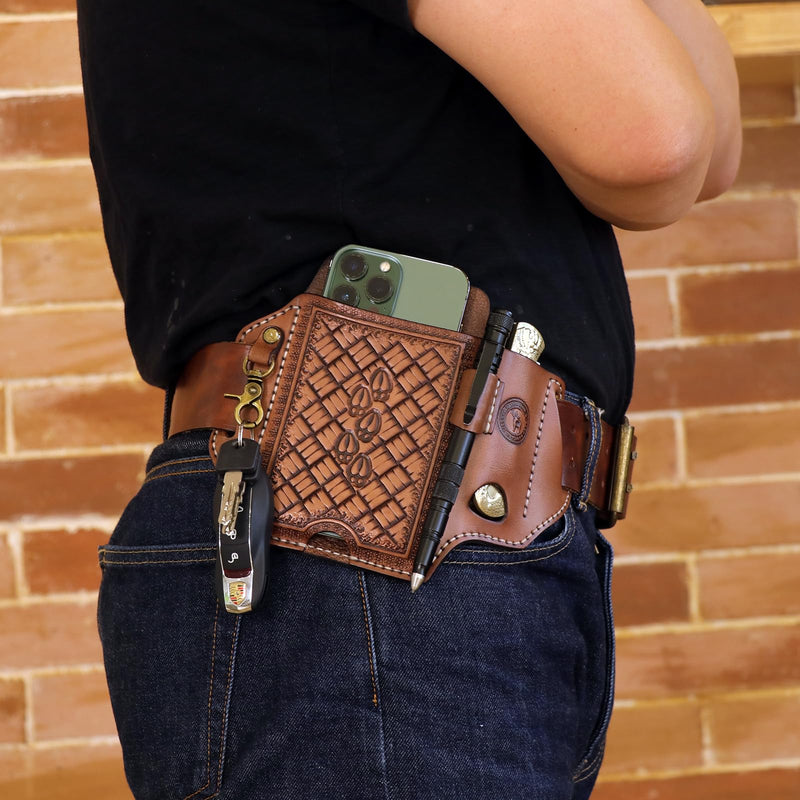 Leather Cell Phone Belt Holster Case Folding Knife Sheath Pen Slot Key Clip | 4-In-One Edc Organizer,Pocket Knives Carrier,Bottom Push Hole For Phone Charge Port,Fits Phones Up To 6.7",Gift For Birthday