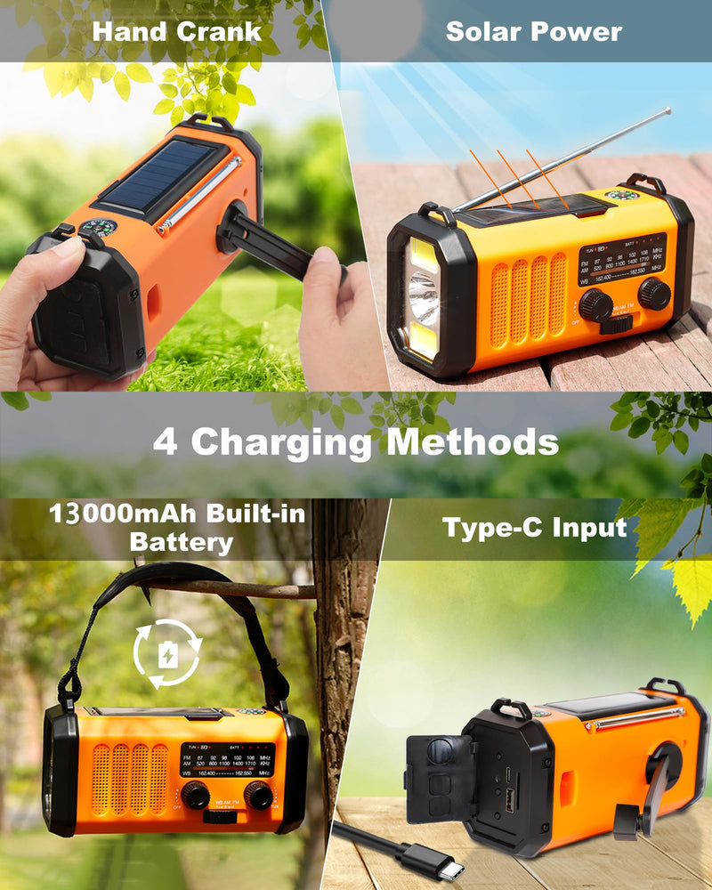 48100mWh/13000mAh Emergency Weather Radio, 4 Way Powered AM/FM/NOAA Portable Solar Crank Radio, Dynamo Phone Charger,700LM LED Flashlight/Reading Lamp,SOS,Compass for Hurricane Storm Camping Survival 13000mAh（Orange)