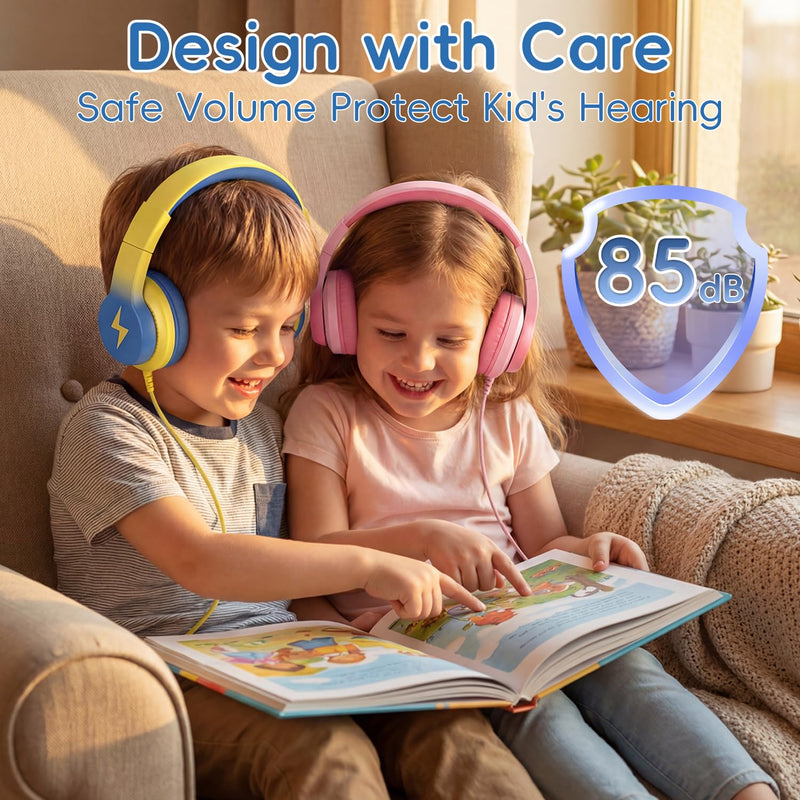 Candy Bila 2 Pack USB C Kids Headphones for School,Wired Over-Ear | 85dB Volume Limited, HD Stereo Sound, Adjustable Fit, Foldable Design for Travel, iPad, Tablets, Light Pink+Yellow