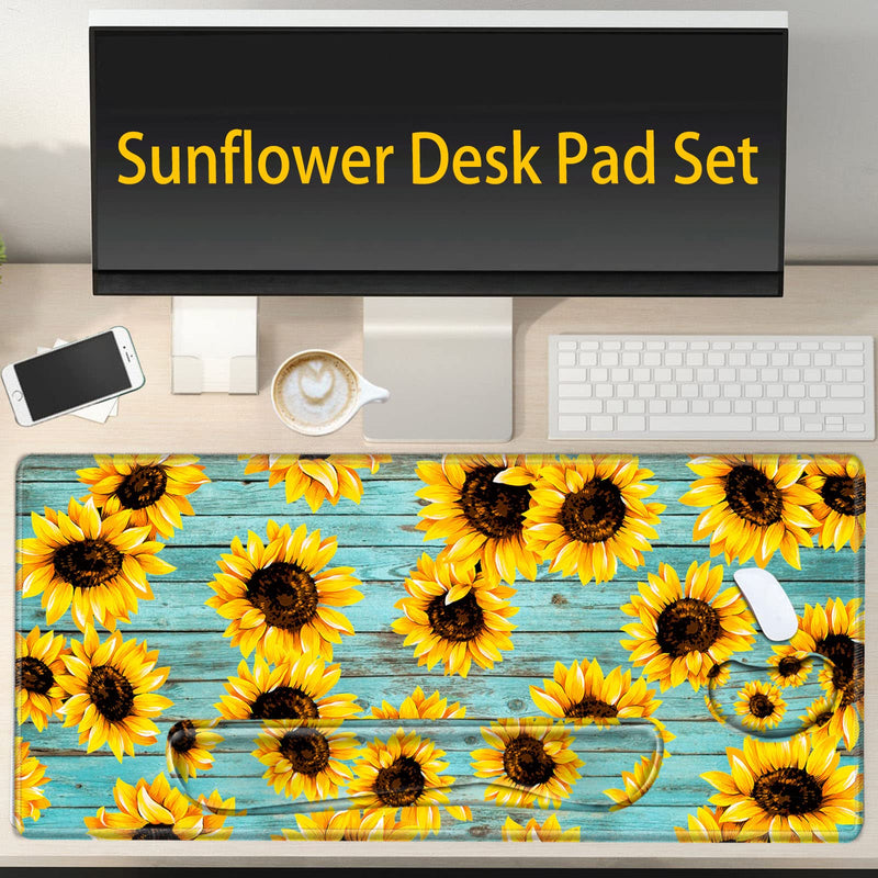 Keyboard Wrist Rest and Desk Mats On Top of Desks- Sunflower Desk Pad Wrist Rests for Keyboard and Mouse 31.5" x 15.75" Large Mouse Pad XXL Desk Organization Decor for Women Office Sunflower Teal