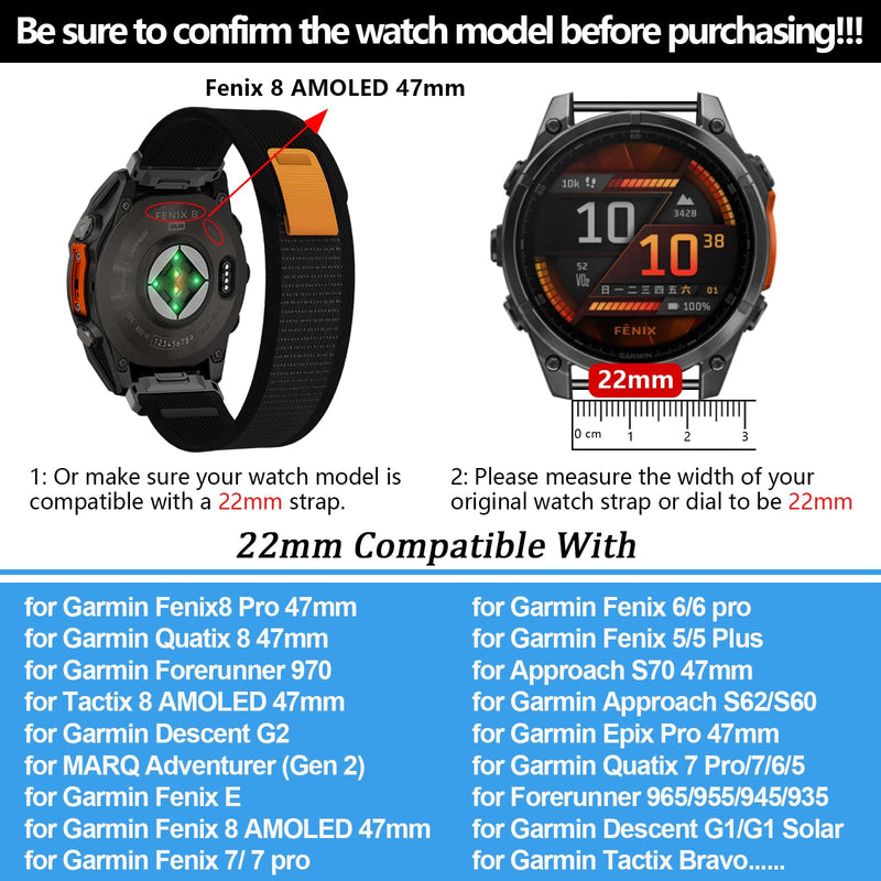 22mm Nylon Sport Watchband Compatible with Garmin Fenix 8 pro/tactix 8 47mm/Fenix E/7 Pro/7/6 Pro/6/5 Plus/5,Quickfit Strap for Descent G2/G1 Solar/epix Pro/quatix 8 47mm/Forerunner 970/965/955/945 3pack1