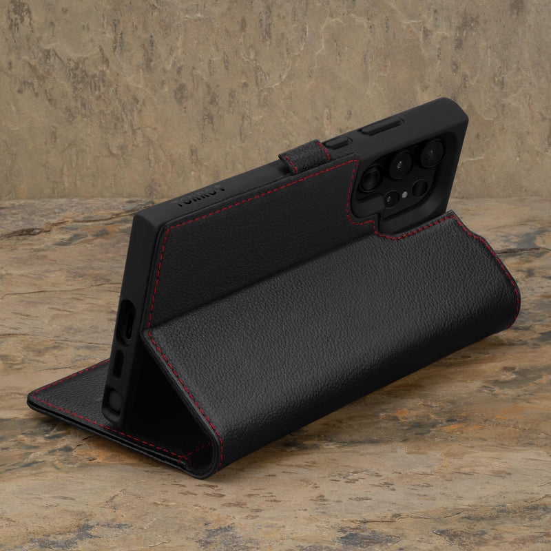TORRO Case Compatible with Samsung Galaxy S24 Ultra 5G – Premium Leather Wallet Case with Kickstand and Card Slots (Black with Red Detail) Black with Red Detail