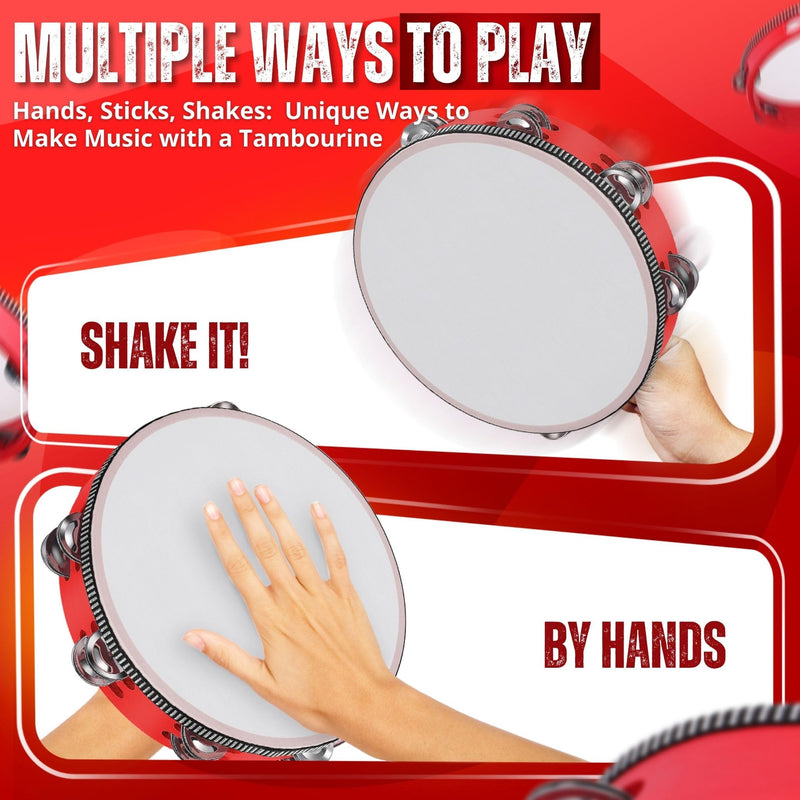 Flexzion Wood Handheld Tambourine Adults 6-Inch Double Row 8-Pair Jingles (Red) - Percussion Round Tamborines Musical Instrument with Metal Zills 6 Inch Double Row - Red