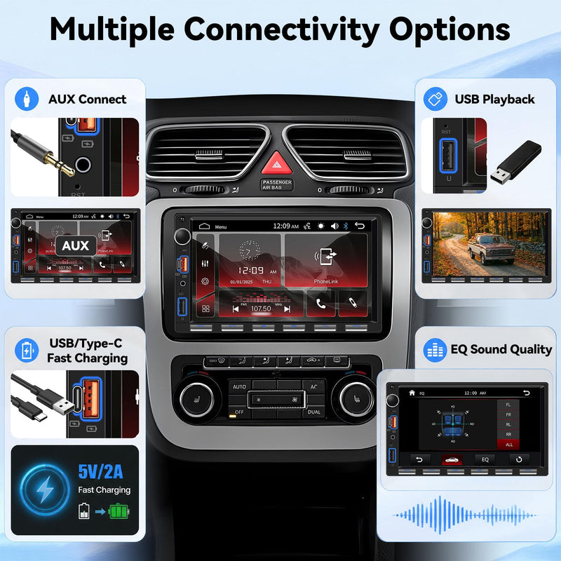 SIXTOP 7 Inch Double Din Car Stereo with Backup Camera Bluetooth 5.0 Hands-Free HD Touch Screen Car Radio MP5 Player Support Mirror Link, FM/Type-C/USB/AUX/SWC Car Audio Receiver P1