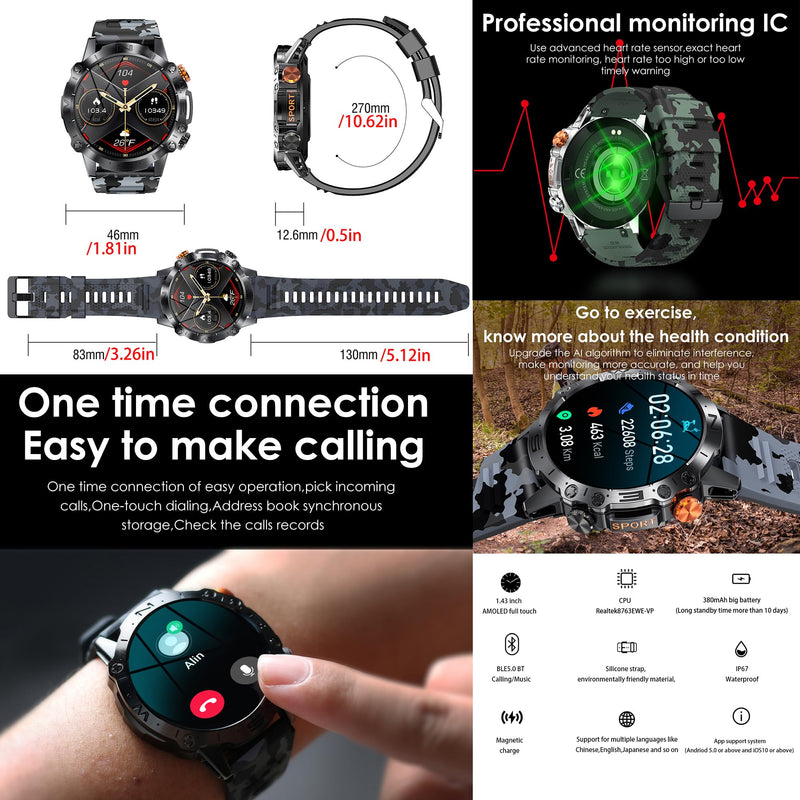 Smart Watches for Men(Answer/Make Call), 1.43" AMOLED Fitness Tracker Watch with Blood Pressure/Heart Rate Monitor, SpO2, Fitness Watch for Men, Smart Watch for Android/iOS Phones, 3 Bands (Black) Black