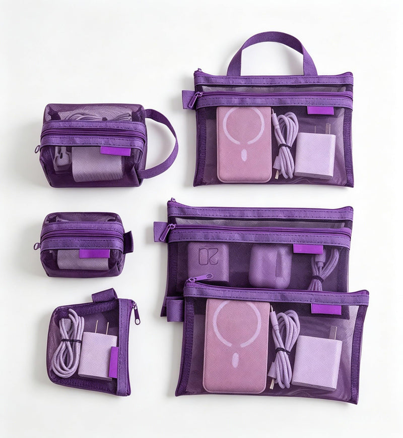 6Pcs Purple Mesh Zipper Pouch Set, Multi-Size Travel Organizer Bags for Electronics, Cosmetics, Cables, Portable See-Through Pouches
