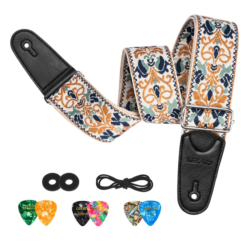 LEKATO Guitar Strap for Electric Bass Acoustic Guitar, Floral Jacquard Embroidery 2? Wide Guitar Straps Bass Strap Padded Guitar Straps with Picks & Blocks (Golden Flower White)