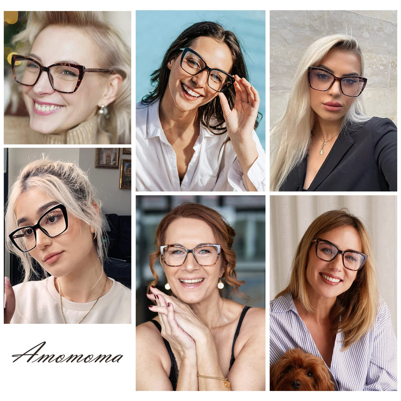 AMOMOMA Trendy TR90 Oversized Blue Light Reading Glasses Women,Stylish Square Cat Eye Glasses AM6031 C1.black+c6.tortoise 1.5 x