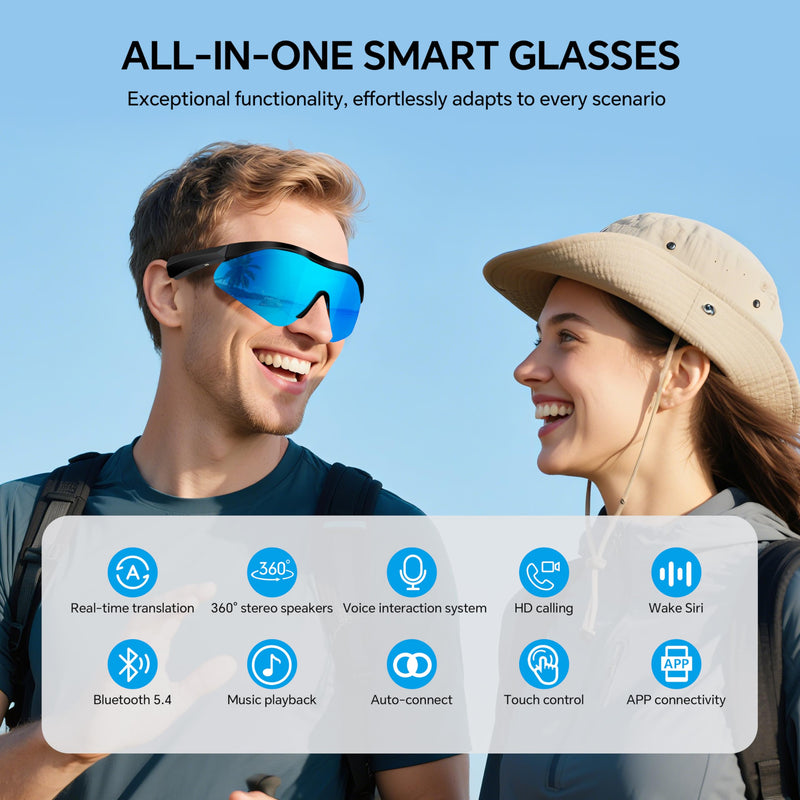 AI Smart Sports Sunglasses: Bluetooth 5.4 Translation UV400 Driving Fishing | 160+ Language Translation, Open-Ear Audio, HD Calls, Siri Control, Wireless Music for Cycling, Hiking, Running, Outdoors G200