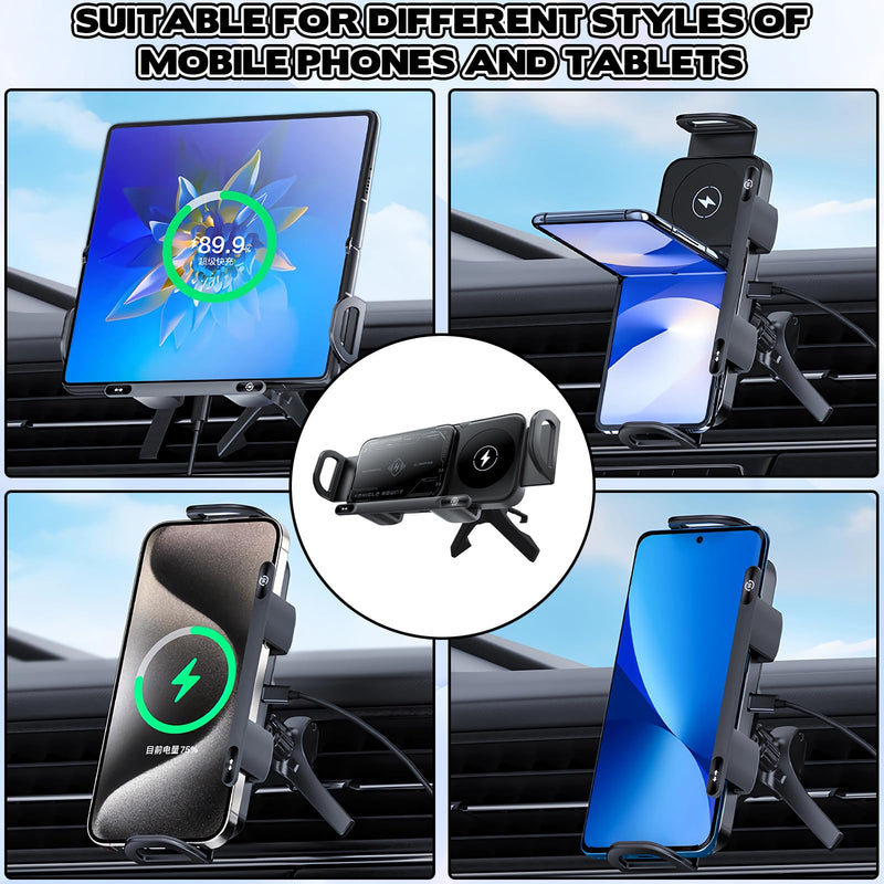OneNine High Intelligent Mobile Phone/Pad Holder, 2 in 1 Auto Rotating Phone Holder, Car Charger Fast Charging Phone Holder, Rotatable Car Vent Phone Mount for Smartphone/Pad/Foldable(Black)