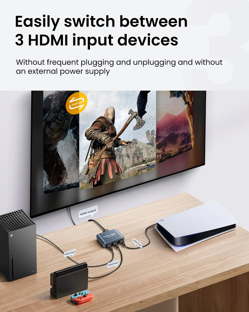 [AUSTRALIA] - HDMI Switch 3 in 1 Out 4K@60Hz Aluminum Alloy【with 4FT HDMI 2.0 Cable】, avedio links 3x1 HDMI Multi Port Switch, 3 Way HDMI Selector Switcher Support HDCP 2.2, HDR 10, for Fire TV Stick, PS5, PS4 Aluminum Alloy 4K@60Hz 3x1 Grey 