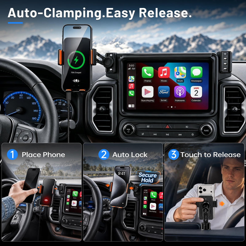 Car Phone Holder for Ford Bronco Sport 2021-2024 Accessories, 8-Inch Touchscreen Phone Mount with Up to 15W Fast Wireless Charging, Auto-Clamping Aluminum Holder, 360° Rotation, Keeps Air Vents Clear
