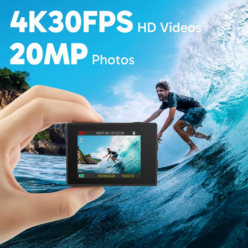 AKASO EK7000 4K30FPS 20MP WiFi Action Camera with EIS Ultra HD Underwater Camera 131FT Waterproof Camera Remote Control 4X Zoom Support External Microphone Silver Sage/Silver