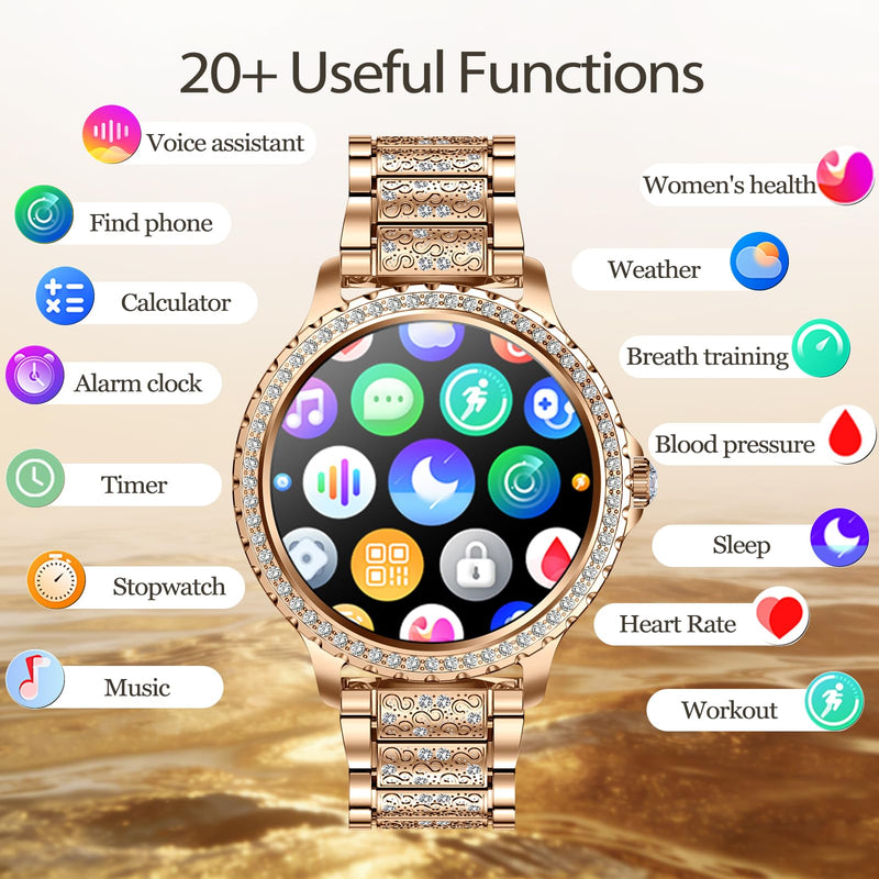 Smart Watch for Women with Diamonds, Bluetooth Calls, 1.32'' Full HD Screen Fitness Tracker with Multiple Sports Modes/Heart Rate/Sleep Monitor, IP68 Waterproof for Android iOS, Elegant Rosegold