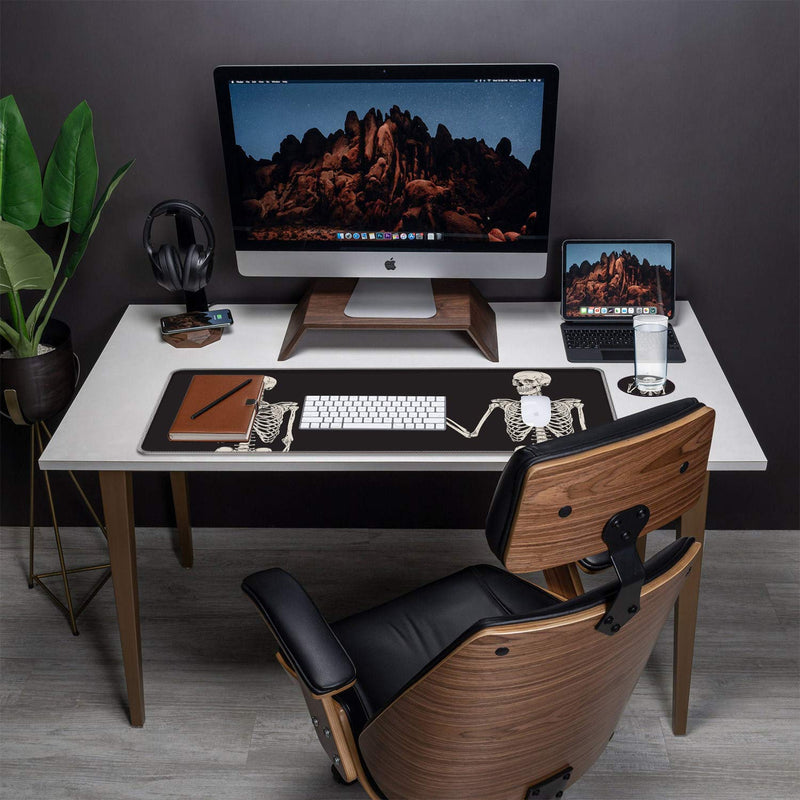 CUISHAN Desk Pad-Large Gaming Mouse Pad with Stitched Edges,Extended Computer Mouse Pad Water-Resistant Writing Pads with Non-Slip Rubber Base 31.5 x 11.8 in,with Coasters (Skull Skeleton) Skull Skeleton Black Background