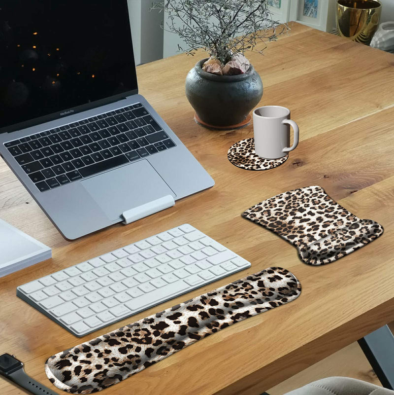 Keyboard Wrist Rest Pad & Mouse pad with Wrist Rest Support Set,Ergonomic Gaming Mouse Pad Coaster Keyboard Wrist Support with Memory Foam for Easy Typing Pain Relief - Leopard Print
