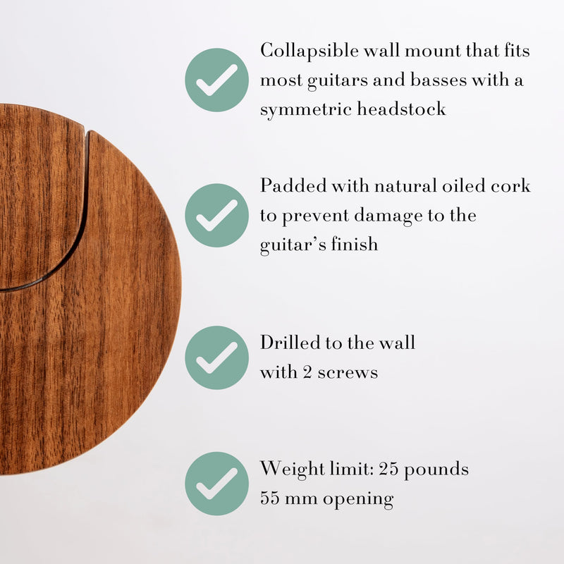 World’s Only Collapsible Guitar Hanger Wall Mount Bracket for Guitars & Basses - Patented Danish Design - Space Saving - Scratch Proof - Guitar Accessories, Wall Hooks for Hanging | Walnut Wood