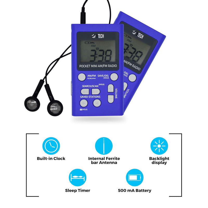 BTECH MPR-AF1 AM FM Personal Radio with Two Types of Stereo Headphones, Clock, Great Reception and Long Battery Life, Mini Pocket Walkman Radio with Headphones (Blue) MPR-AF1 Radio Blue