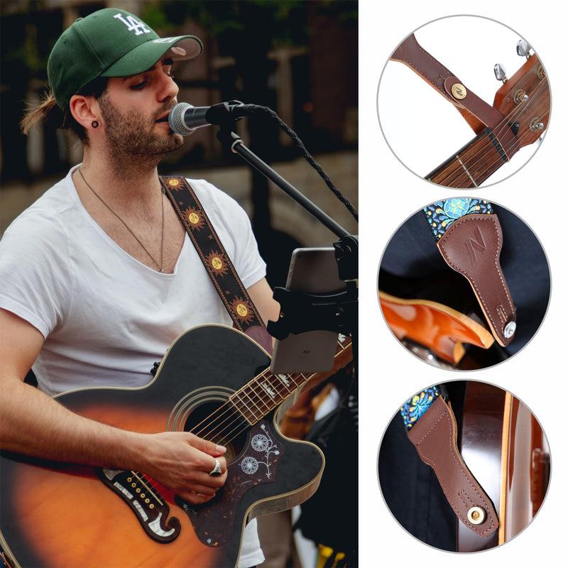 Nefelibata Banjo Strap, 2" Wide Double Full Grain Cowhide Guitar Strap Adjustable Replacement,Multi-pattern Guitar Strap With Headstock Rope and Leather Headband(Sun God Embroidery) Sun God Embroidery