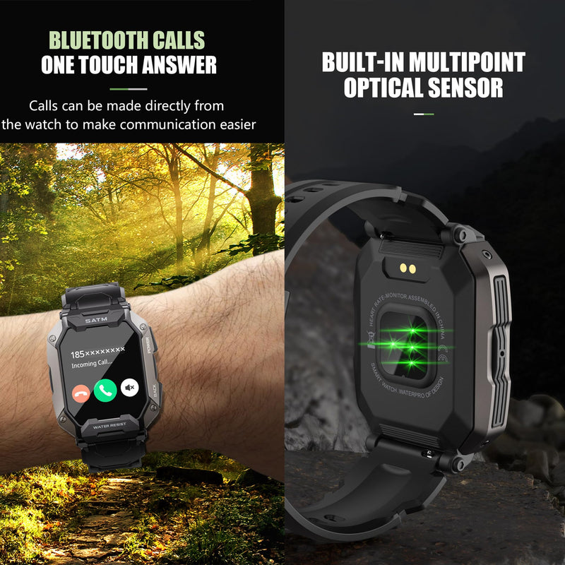 Military Smart Watch for Men(Answer/Make Calls), 1.81”AMOLED 5ATM Waterproof Fitness Watch with Heart Rate/SpO2/Blood Pressure, Bluetooth Smartwatch for Android iPhone, with 3 Watch Bands (Green) Green