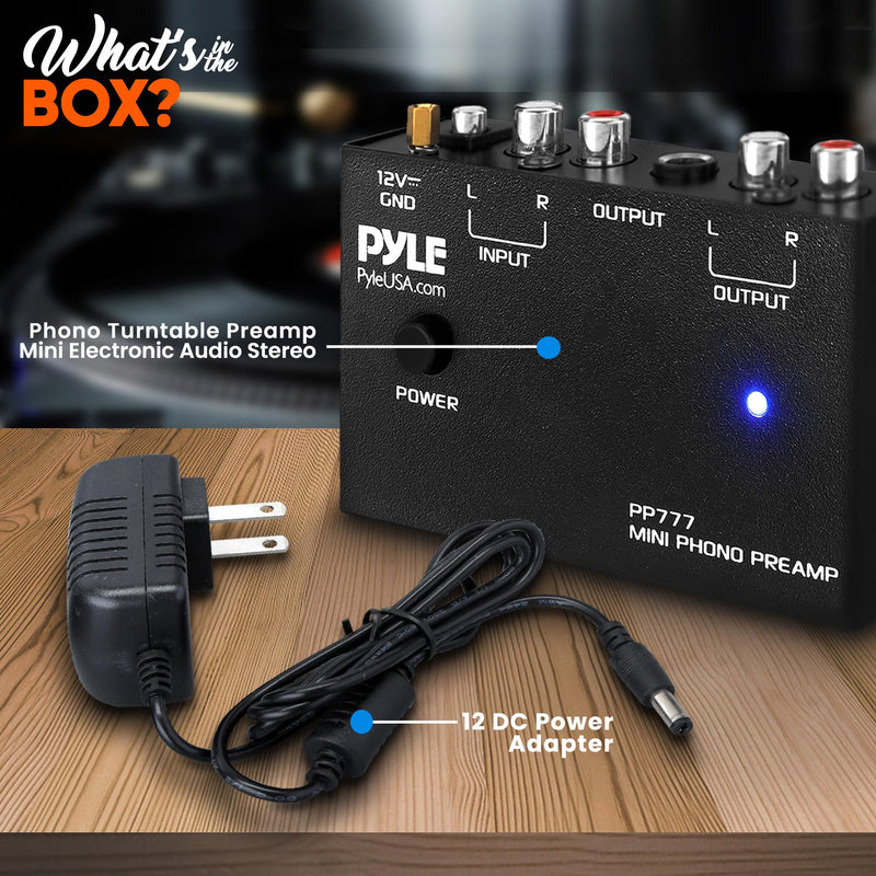 Pyle PP777 Phono Turntable Preamp Mini Electronic Audio Stereo Phonograph Preamplifier Input, RCA Output & Low Noise Operation Powered by 12 Volt DC Adapter Upgraded Model