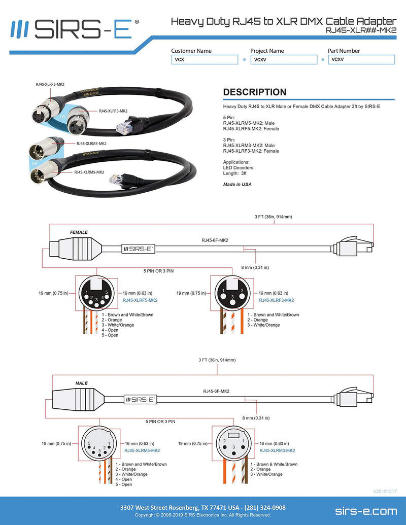 SIRS-E Heavy Duty DMX XLR 3 Pin Female to RJ45 Male 3Ft Cable Adapter for LED Lighting DMX512 Decoders