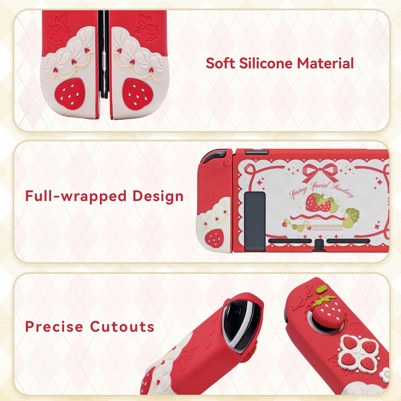 GeekShare Protective Case for Switch Slim Cover Case Compatible with Nintendo Switch Separable Soft Silicone Protective Shell for Joy Con with 2 Thumb Grip Caps- Strawberries with Cream For Switch 2017