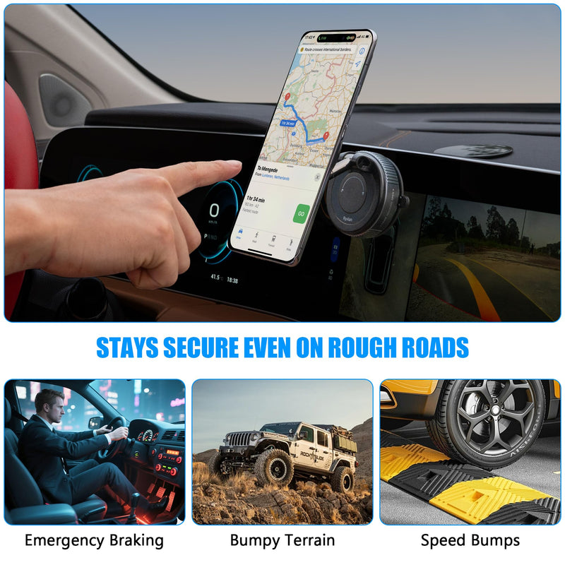 Ryvlan Carmount Vacuum Magnetic Phone Mount for Car– Magsafe Suction iPhone Stand, Content Creator Phone Holder & Car Mount, iPhone Holder for Dashboard & Windshield, Suction Cup Samsung Stand Sleek Black