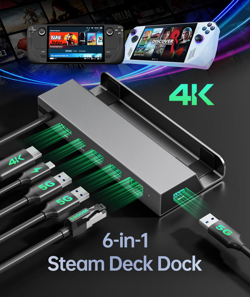 Steam Deck Dock 4K 60Hz, 6-in-1 Docking Station Compatible with Lenovo Legion Go, Steam Deck OLED, ASUS ROG Alloy, Steam Deck Accessories with 3 USB-A 3.0, 100W PD, 1000M RJ45, Aluminum Alloy Shell Grey 6 IN 1 Steam Deck Dock(HDMI)