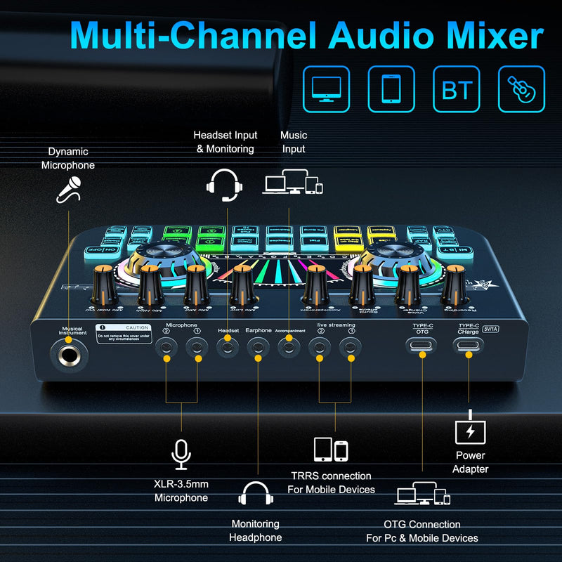 [AUSTRALIA] - Audio Mixer, Sound Board for Pc/Phone Live Streaming Gaming, Audio Interface for 3.5mm/6.35mm Dynamic Microphone, Live Sound Card with Voice Changer, Denoise, Lead Singing Podcast Mixer 